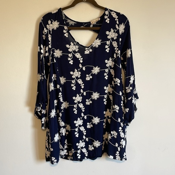 Boho Embroidered Mini Dress XS Bell Navy Swing Loose Classy Altar’d State Hippie - Picture 2 of 16